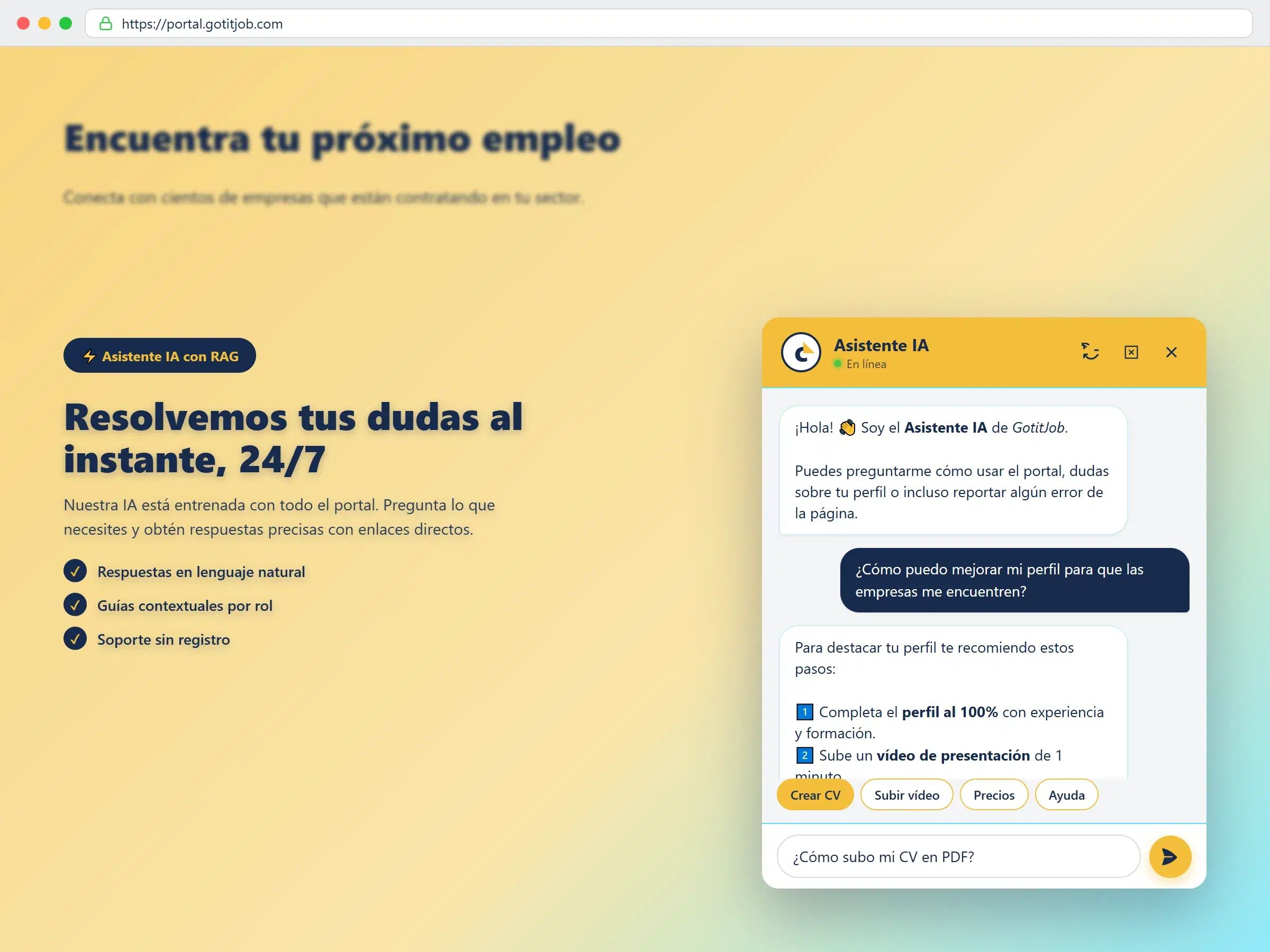 Asistente virtual de GotitJob en acción